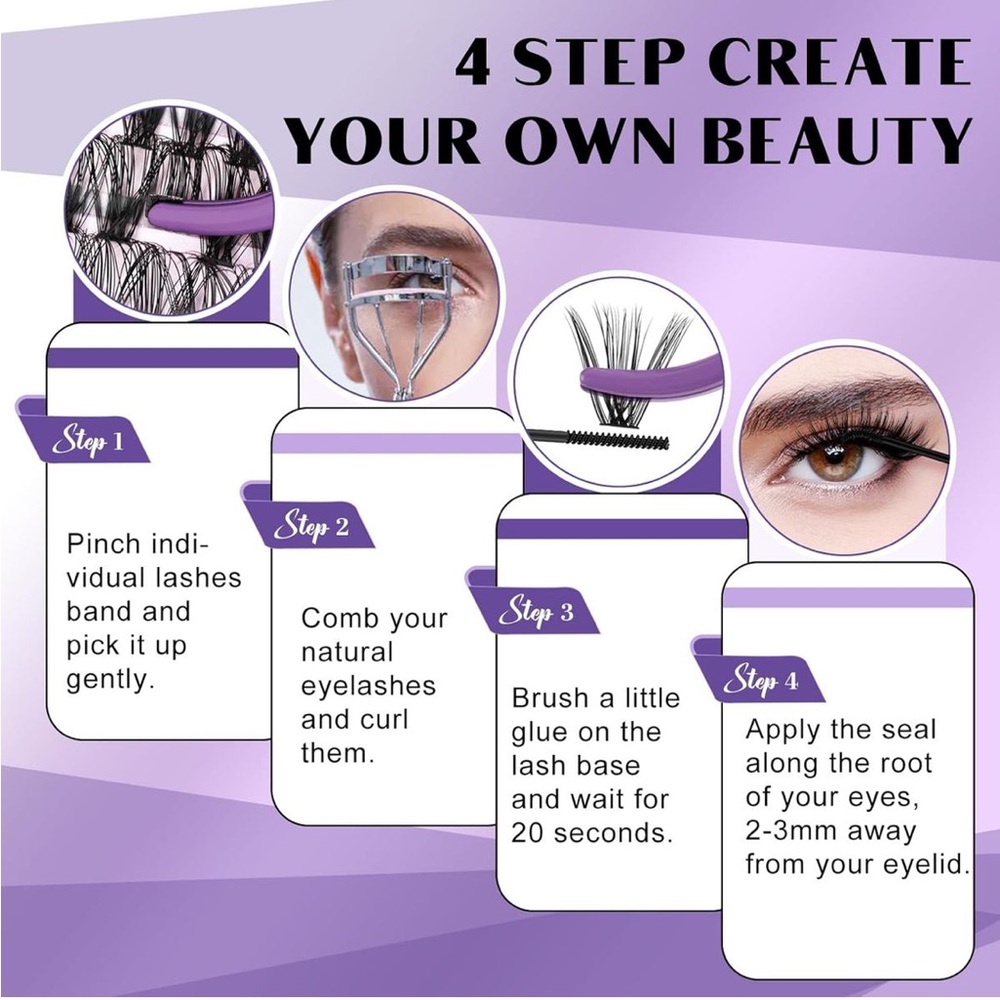 DIY Lash Extension Kit 280pc 40D 50D Clusters D Curl Bond Seal Tweezers NEW - Picture 5 of 7